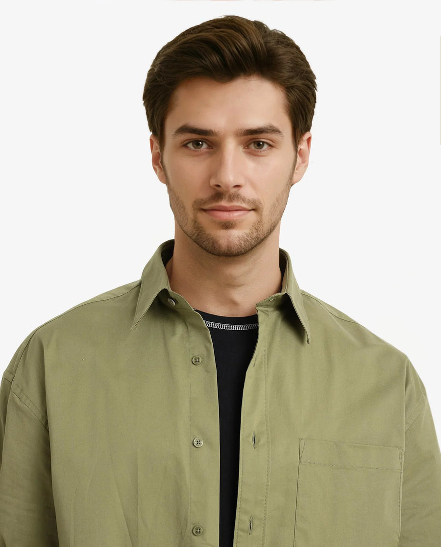 Rare Rabbit Men's Crofty Olive Cotton Plain Boxy Fit Full Sleeve Collared Shirt
