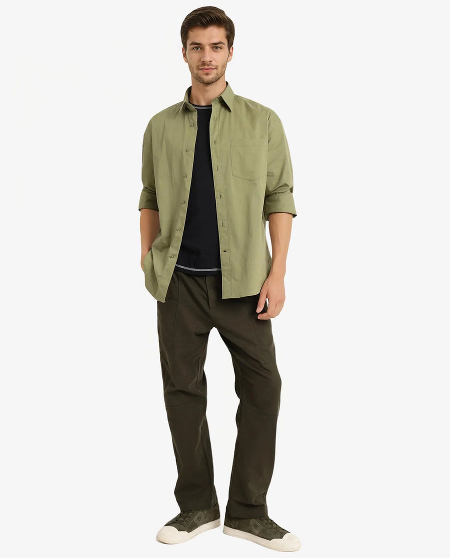 Rare Rabbit Men's Crofty Olive Cotton Plain Boxy Fit Full Sleeve Collared Shirt