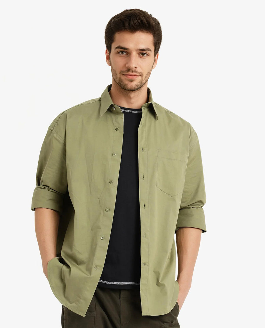 Rare Rabbit Men's Crofty Olive Cotton Plain Boxy Fit Full Sleeve Collared Shirt