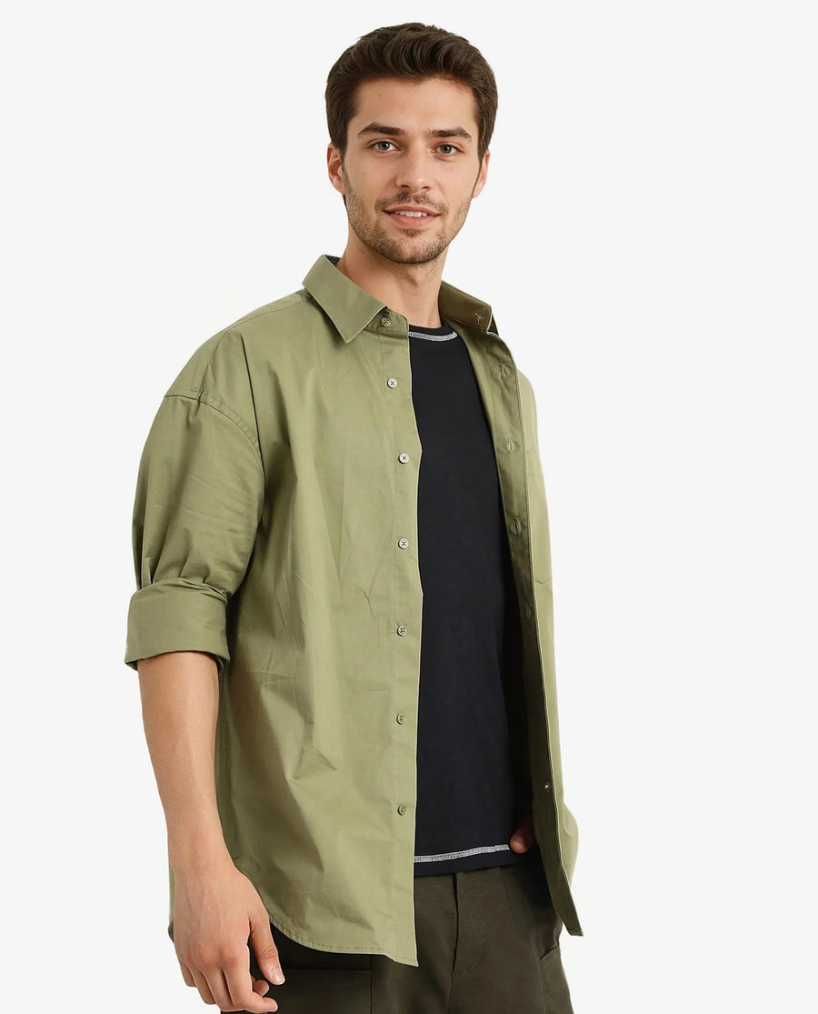 Rare Rabbit Men's Crofty Olive Cotton Plain Boxy Fit Full Sleeve Collared Shirt
