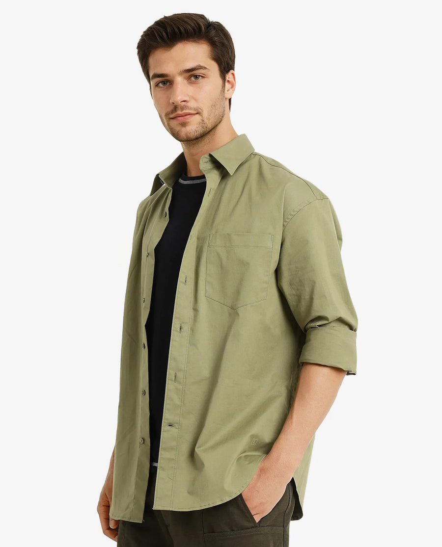 Rare Rabbit Men's Crofty Olive Cotton Plain Boxy Fit Full Sleeve Collared Shirt