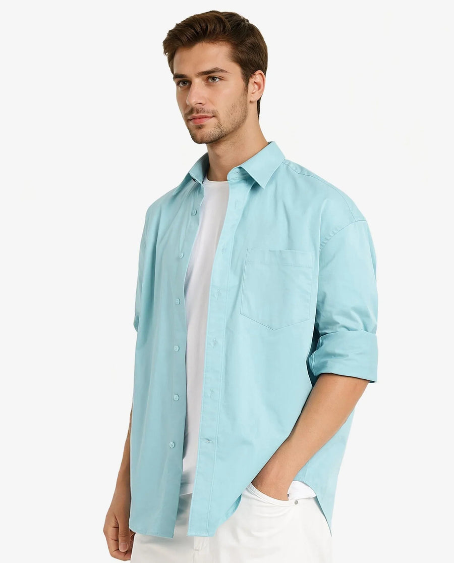 Rare Rabbit Men's Crofty Pastel Blue Cotton Plain Boxy Fit Full Sleeve Collared Shirt