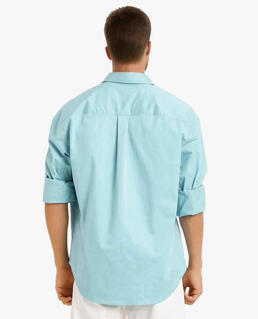 Rare Rabbit Men's Crofty Pastel Blue Cotton Plain Boxy Fit Full Sleeve Collared Shirt