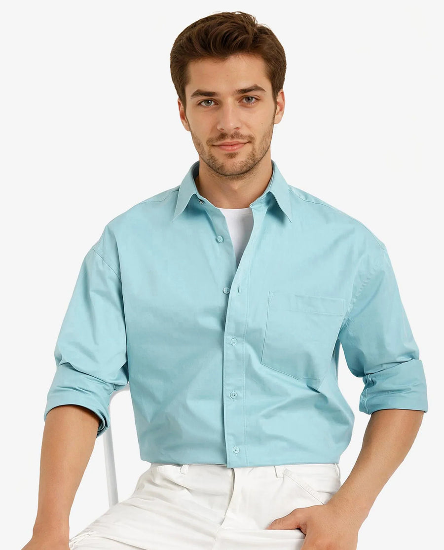 Rare Rabbit Men's Crofty Pastel Blue Cotton Plain Boxy Fit Full Sleeve Collared Shirt