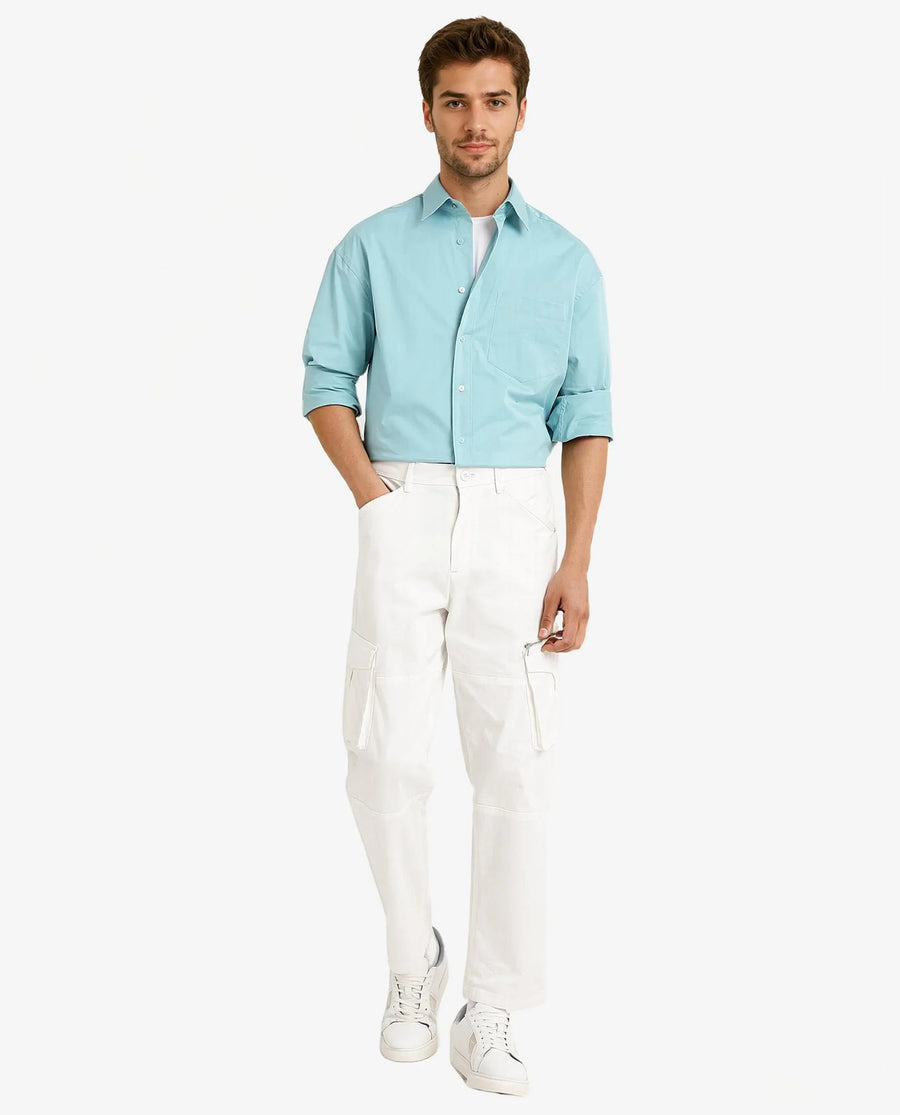 Rare Rabbit Men's Crofty Pastel Blue Cotton Plain Boxy Fit Full Sleeve Collared Shirt