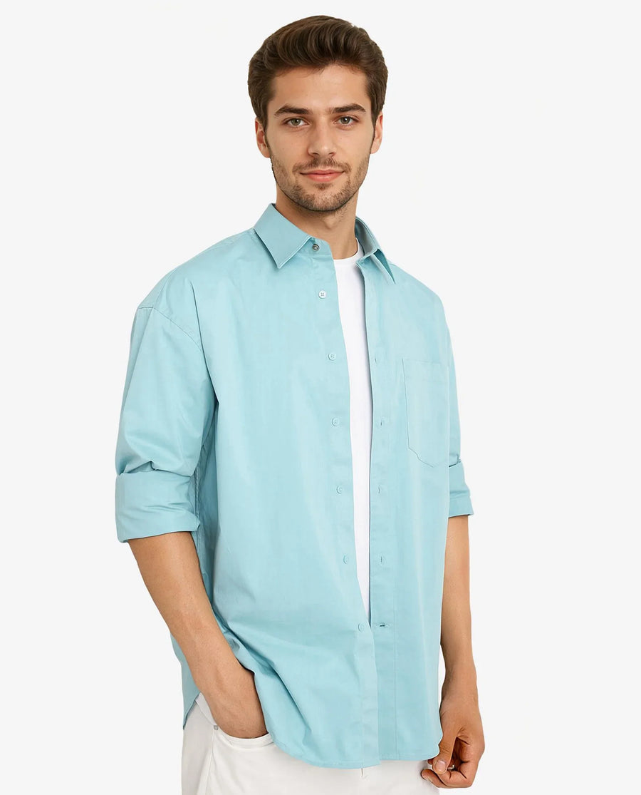 Rare Rabbit Men's Crofty Pastel Blue Cotton Plain Boxy Fit Full Sleeve Collared Shirt