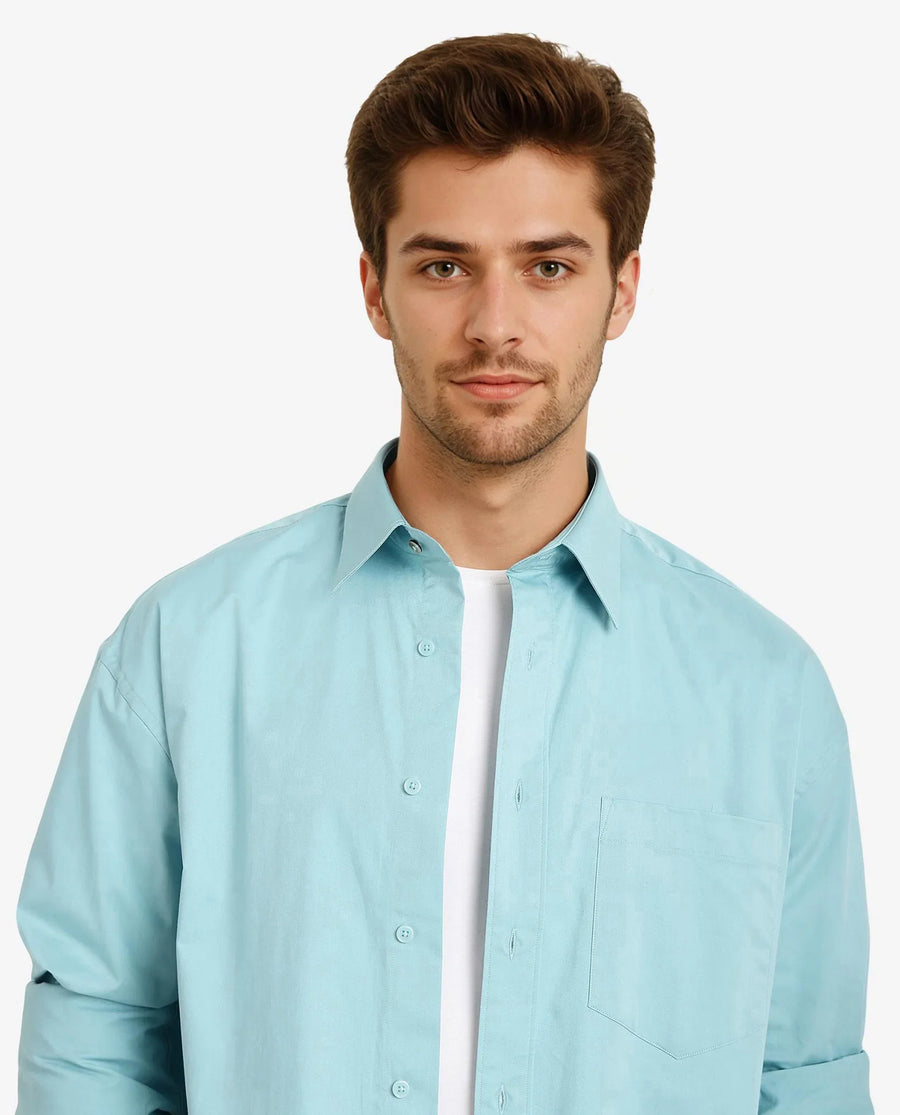 Rare Rabbit Men's Crofty Pastel Blue Cotton Plain Boxy Fit Full Sleeve Collared Shirt
