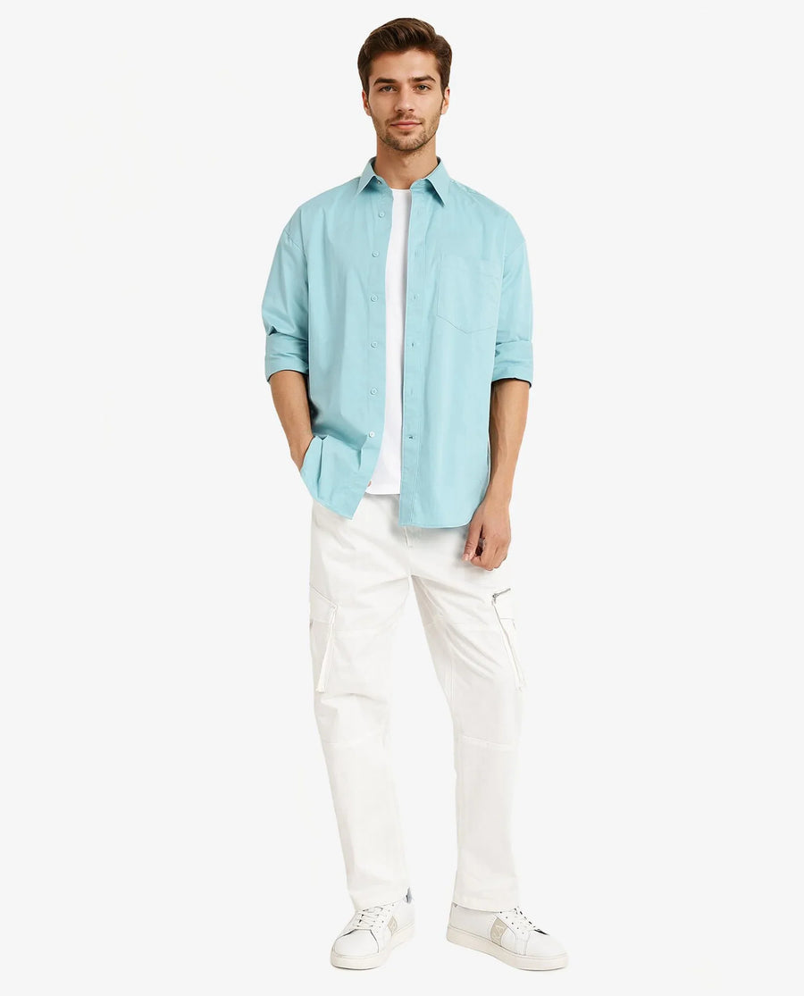 Rare Rabbit Men's Crofty Pastel Blue Cotton Plain Boxy Fit Full Sleeve Collared Shirt