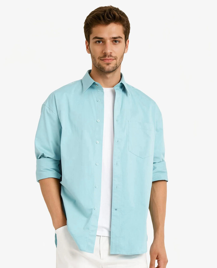 Rare Rabbit Men's Crofty Pastel Blue Cotton Plain Boxy Fit Full Sleeve Collared Shirt