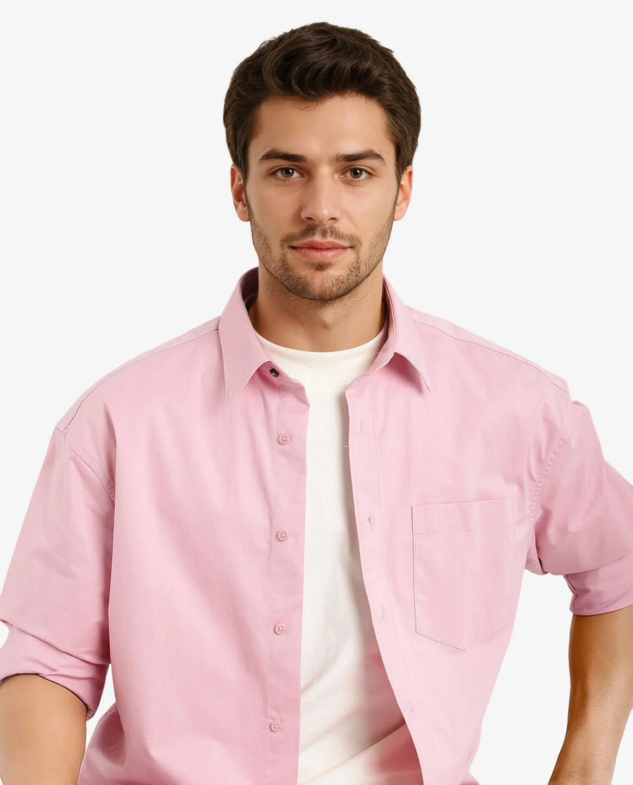 Rare Rabbit Men's Crofty Pastel Pink Cotton Plain Boxy Fit Full Sleeve Collared Shirt