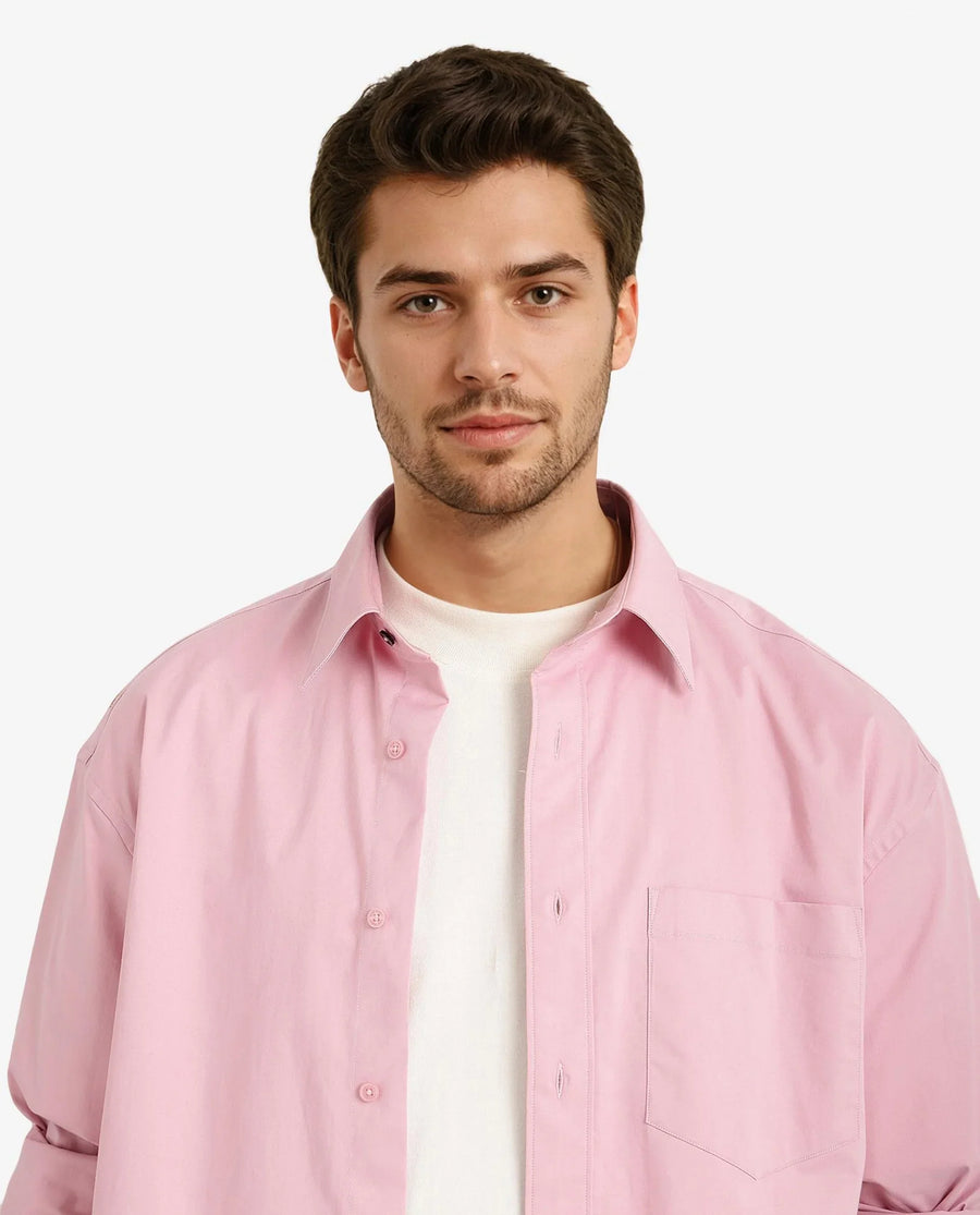 Rare Rabbit Men's Crofty Pastel Pink Cotton Plain Boxy Fit Full Sleeve Collared Shirt
