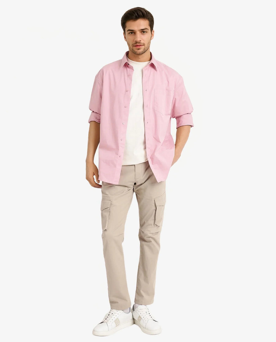 Rare Rabbit Men's Crofty Pastel Pink Cotton Plain Boxy Fit Full Sleeve Collared Shirt