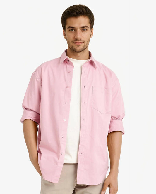 Rare Rabbit Men's Crofty Pastel Pink Cotton Plain Boxy Fit Full Sleeve Collared Shirt