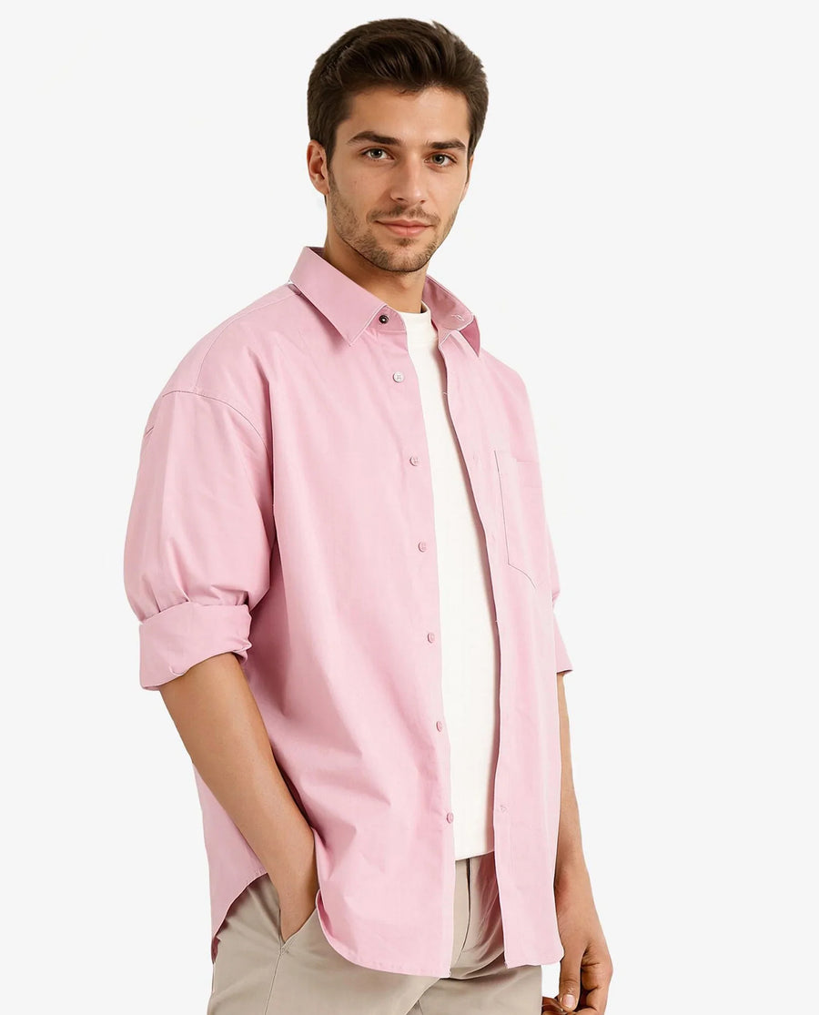 Rare Rabbit Men's Crofty Pastel Pink Cotton Plain Boxy Fit Full Sleeve Collared Shirt