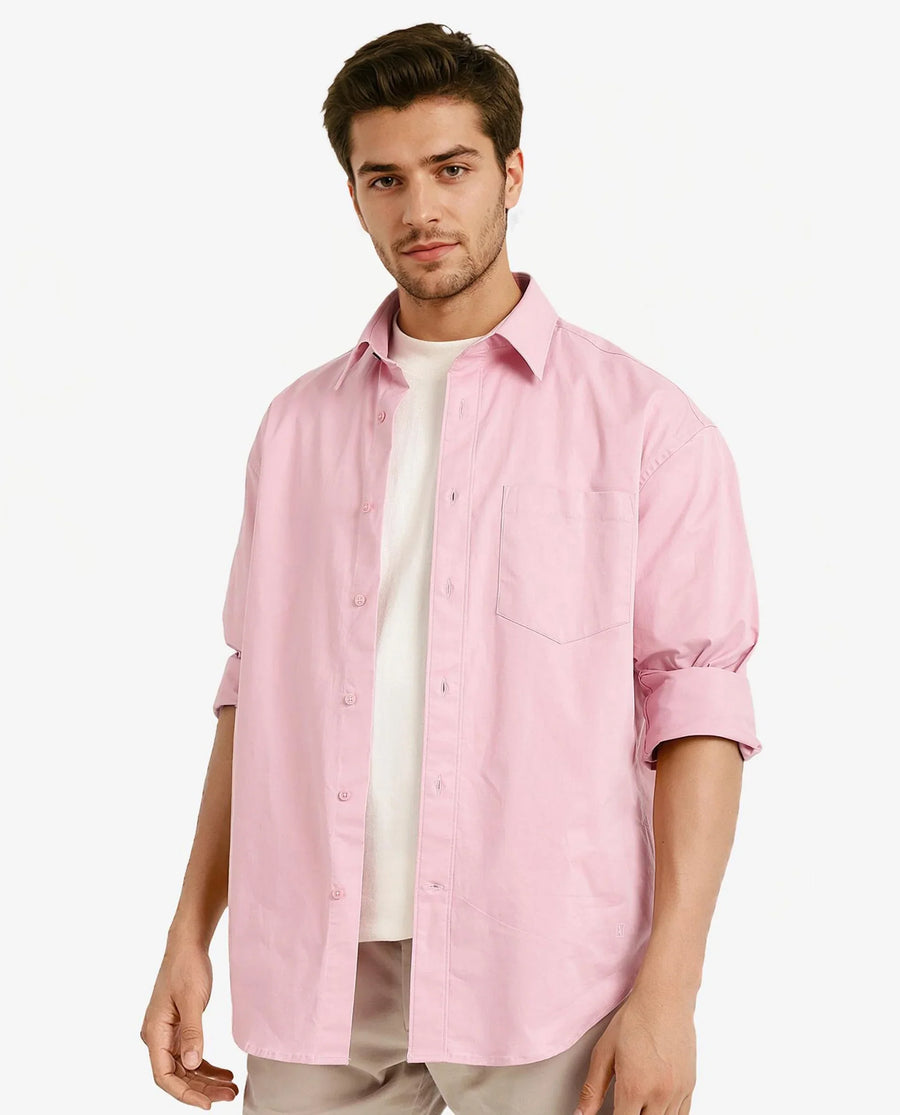 Rare Rabbit Men's Crofty Pastel Pink Cotton Plain Boxy Fit Full Sleeve Collared Shirt