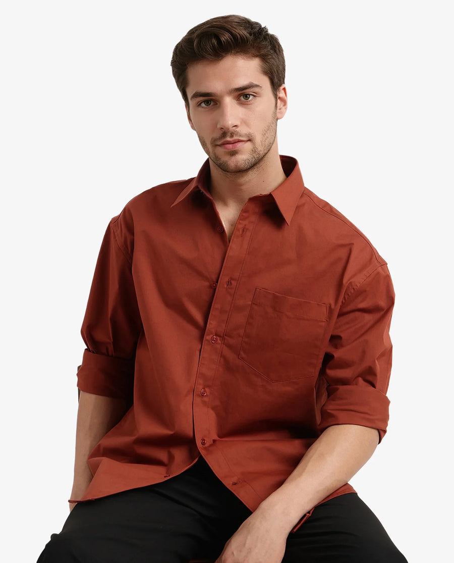 Rare Rabbit Men's Crofty Rust Cotton Plain Boxy Fit Full Sleeve Collared Shirt