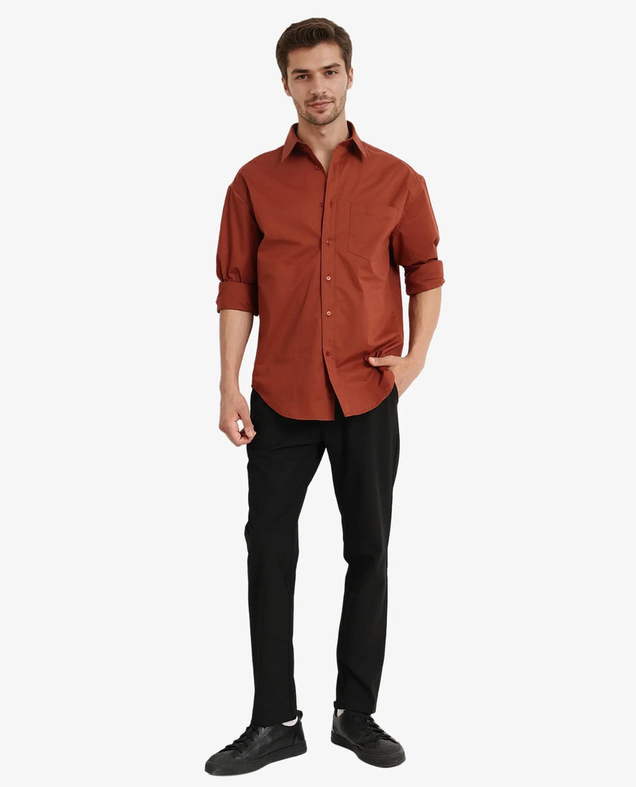 Rare Rabbit Men's Crofty Rust Cotton Plain Boxy Fit Full Sleeve Collared Shirt