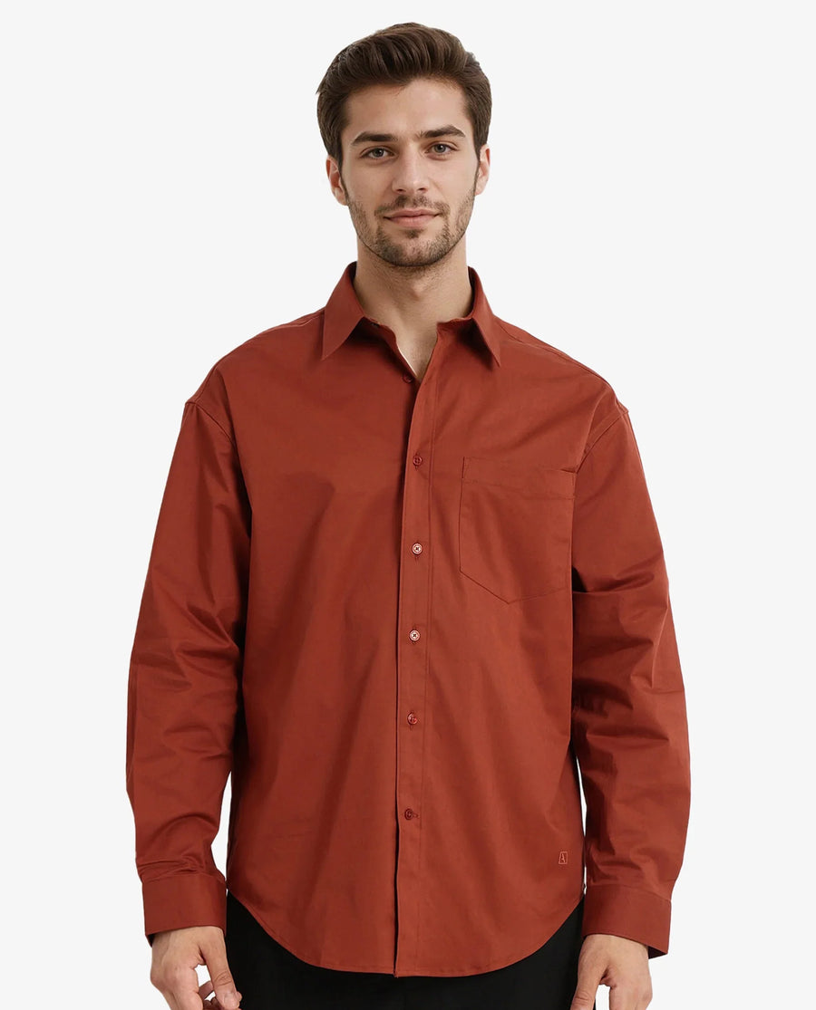 Rare Rabbit Men's Crofty Rust Cotton Plain Boxy Fit Full Sleeve Collared Shirt