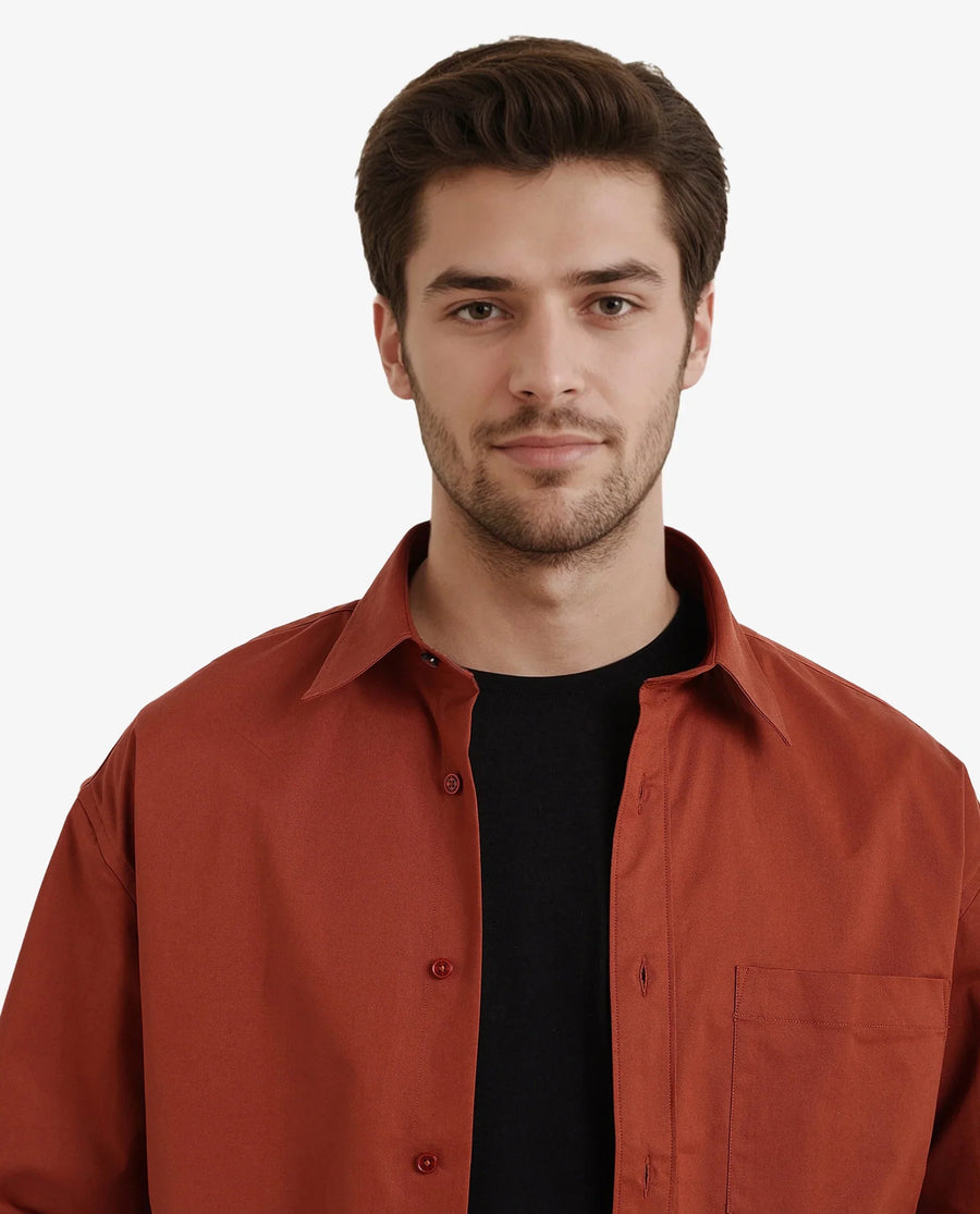 Rare Rabbit Men's Crofty Rust Cotton Plain Boxy Fit Full Sleeve Collared Shirt
