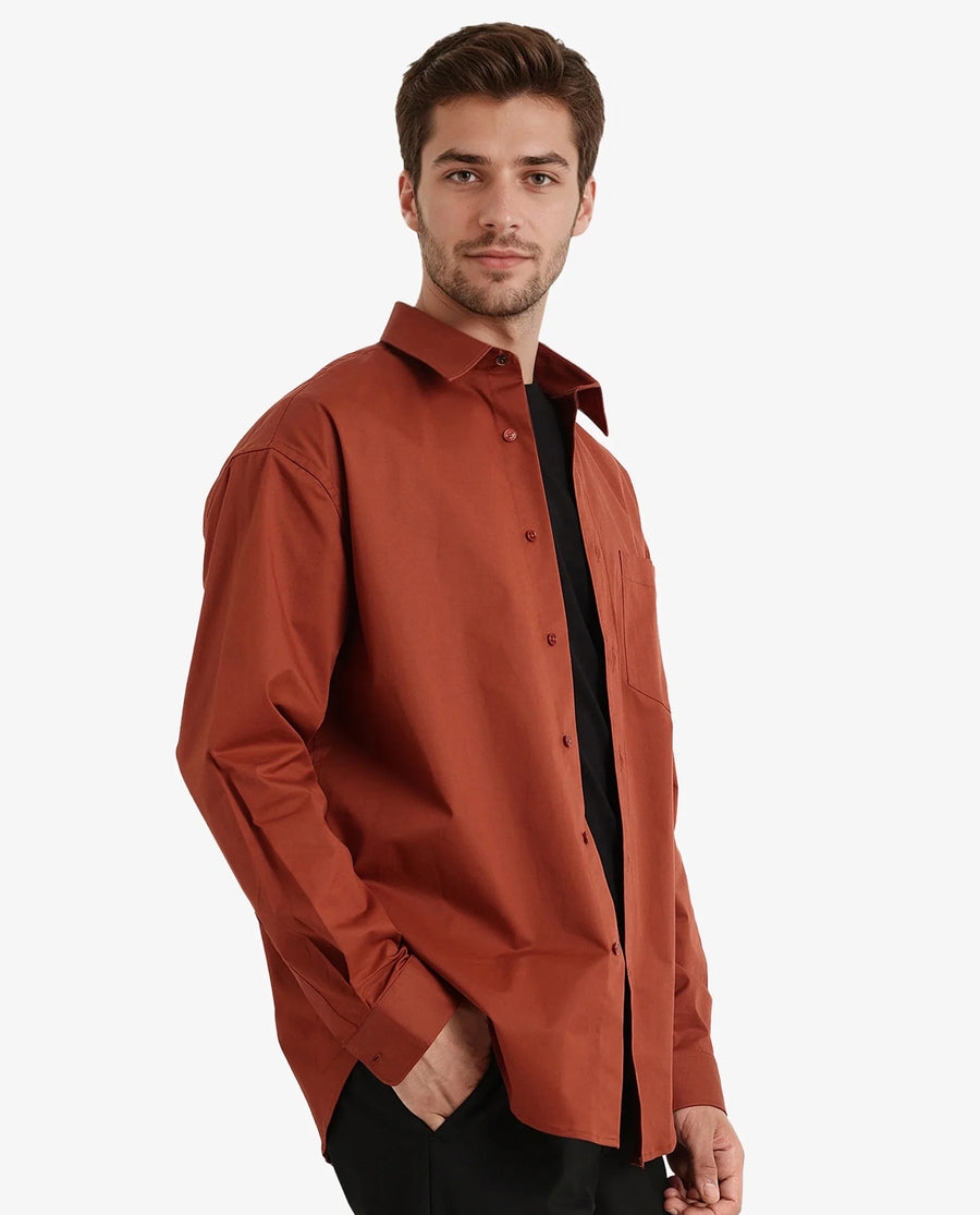 Rare Rabbit Men's Crofty Rust Cotton Plain Boxy Fit Full Sleeve Collared Shirt