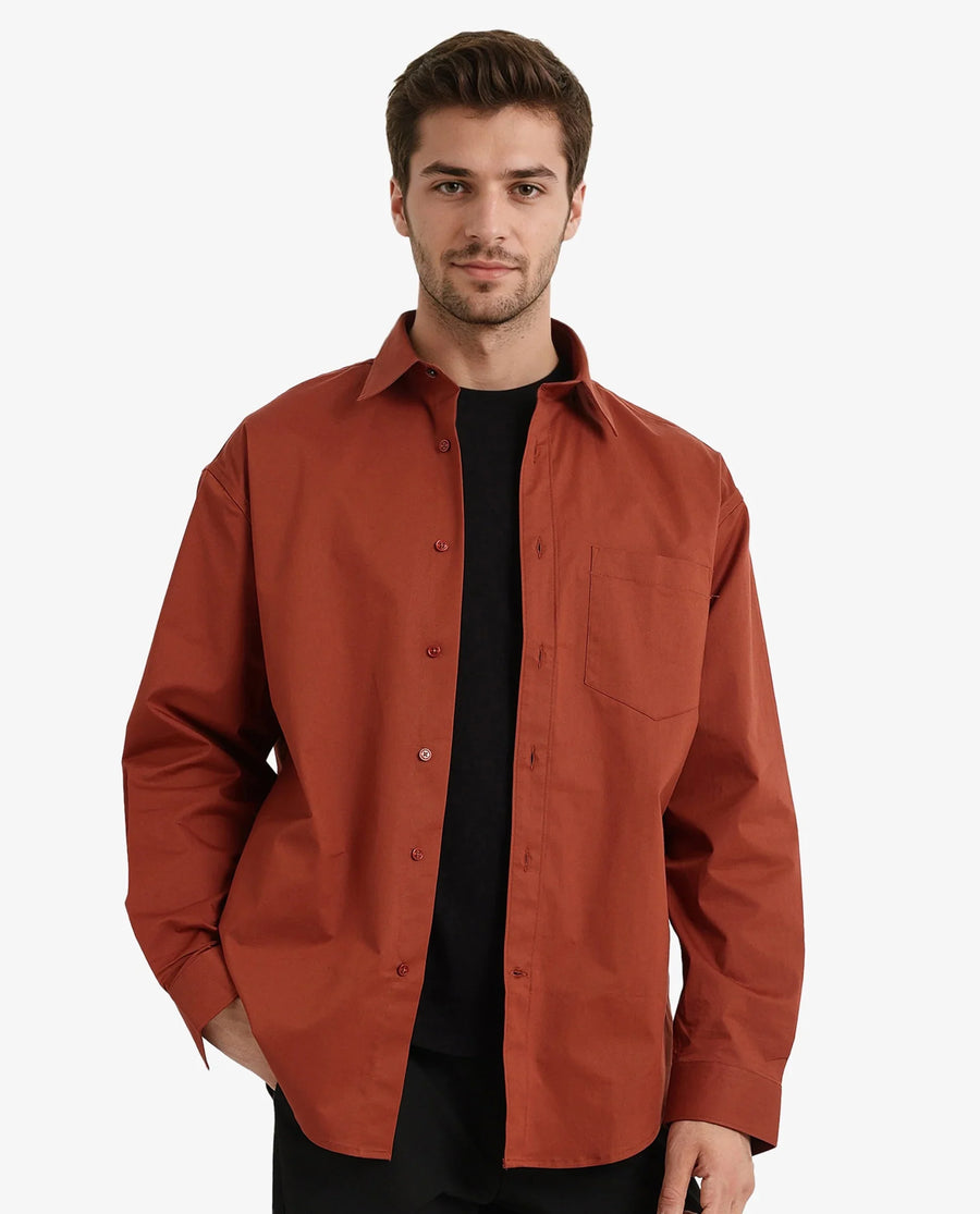 Rare Rabbit Men's Crofty Rust Cotton Plain Boxy Fit Full Sleeve Collared Shirt