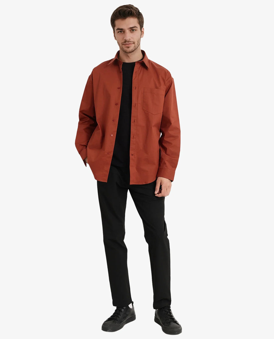 Rare Rabbit Men's Crofty Rust Cotton Plain Boxy Fit Full Sleeve Collared Shirt