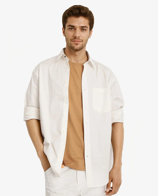 Rare Rabbit Men's Crofty White Cotton Plain Boxy Fit Full Sleeve Collared Shirt