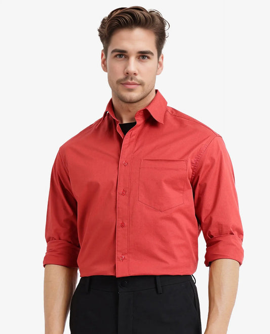 Rare Rabbit Men's Crofty Red Cotton Plain Boxy Fit Full Sleeve Collared Shirt