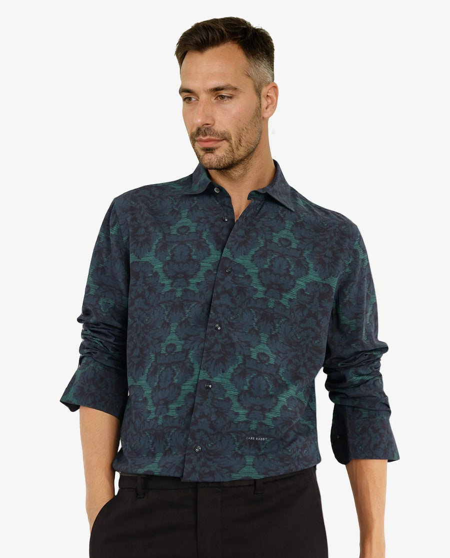 Rare Rabbit Men's Crux-1 Dark Green Viscose Floral Print Regular Fit Full Sleeve Collared Shirt