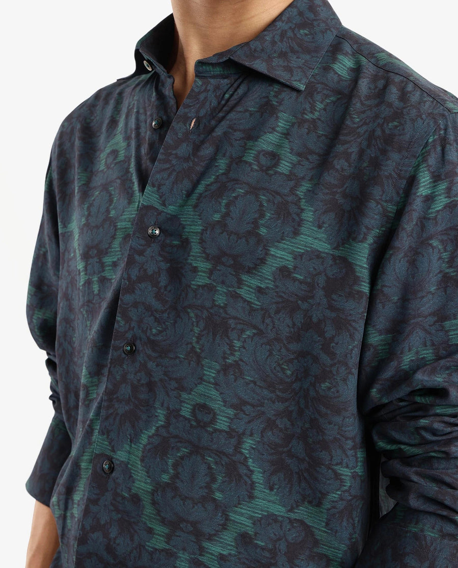 Rare Rabbit Men's Crux-1 Dark Green Viscose Floral Print Regular Fit Full Sleeve Collared Shirt