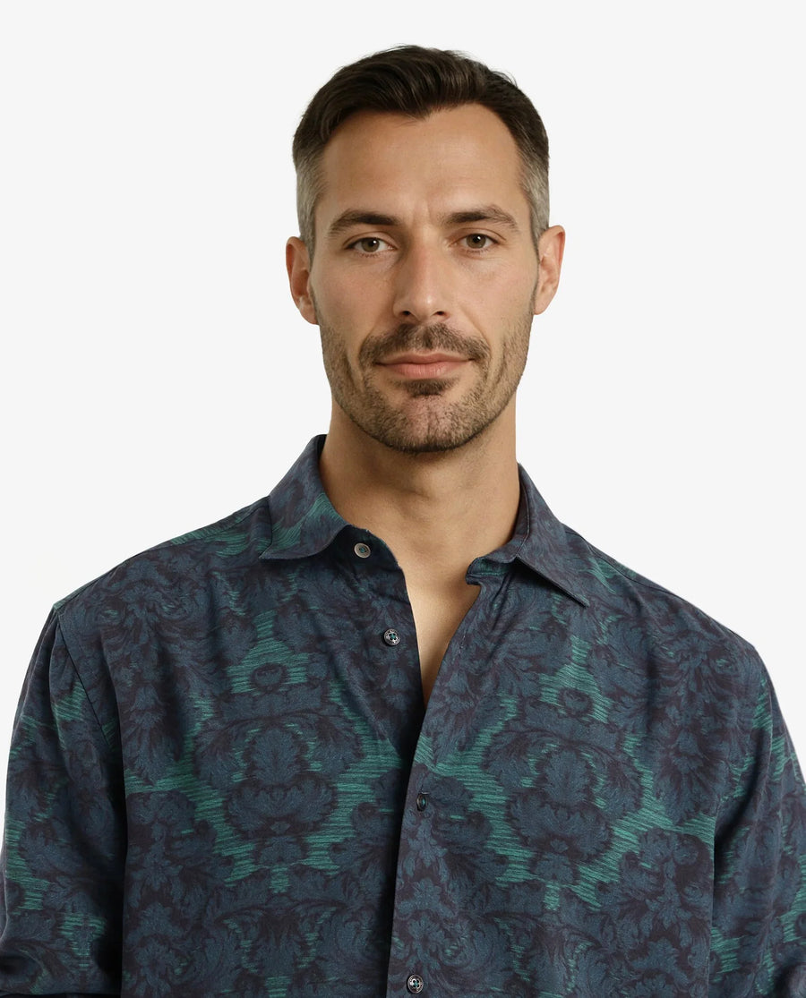 Rare Rabbit Men's Crux-1 Dark Green Viscose Floral Print Regular Fit Full Sleeve Collared Shirt