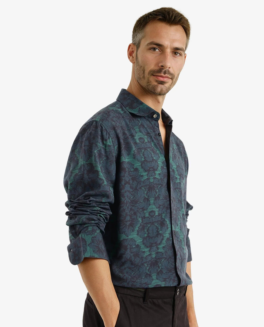 Rare Rabbit Men's Crux-1 Dark Green Viscose Floral Print Regular Fit Full Sleeve Collared Shirt