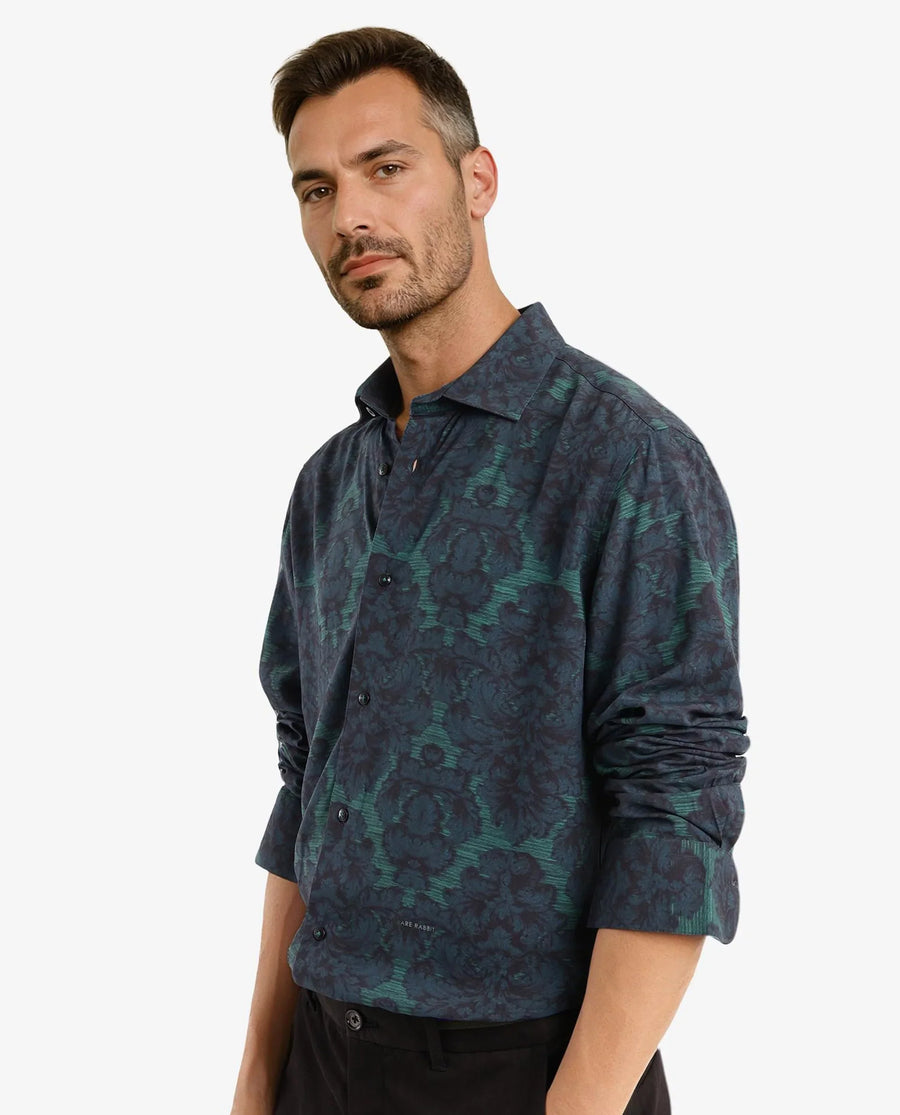 Rare Rabbit Men's Crux-1 Dark Green Viscose Floral Print Regular Fit Full Sleeve Collared Shirt