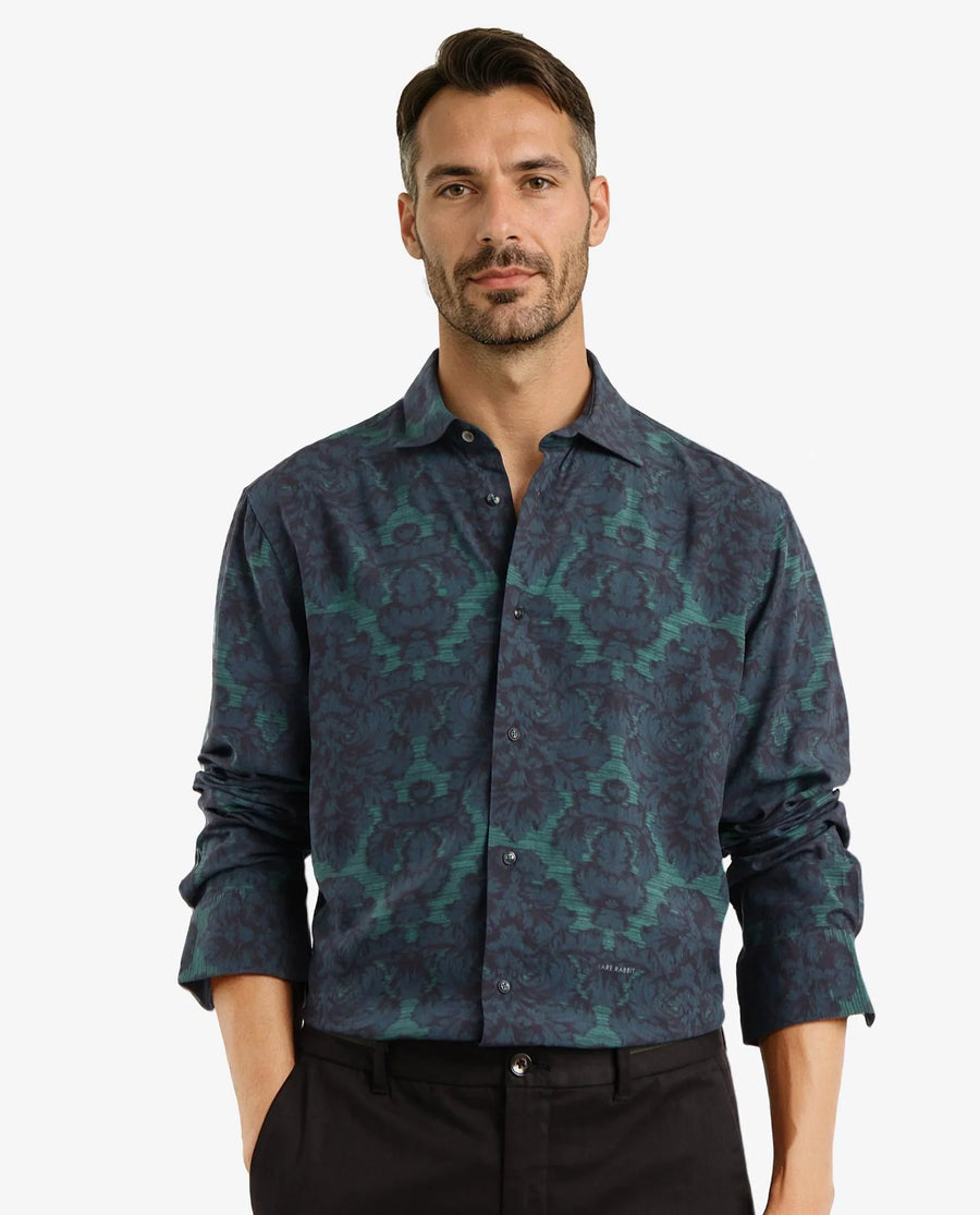 Rare Rabbit Men's Crux-1 Dark Green Viscose Floral Print Regular Fit Full Sleeve Collared Shirt