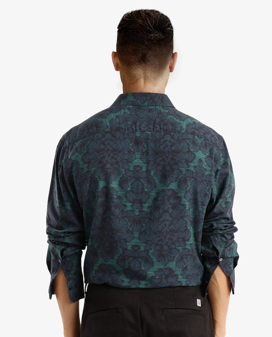 Rare Rabbit Men's Crux-1 Dark Green Viscose Floral Print Regular Fit Full Sleeve Collared Shirt