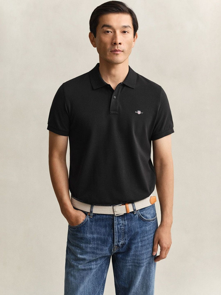 Gant Men Black Solid Slim Fit Shield Pique Polo T-Shirt
