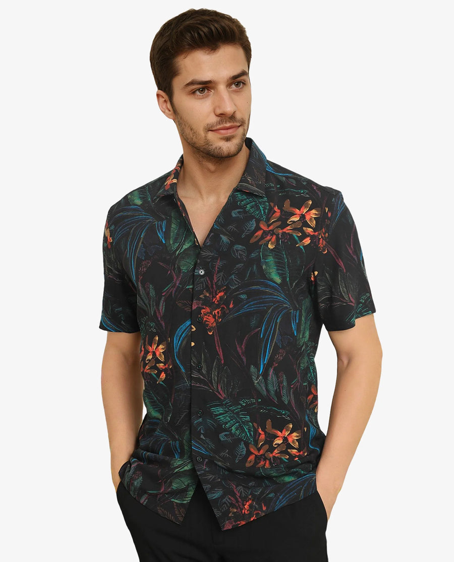 Rare Rabbit Men's Dabney Black Viscose Tropical Print Regular Fit Half Sleeve Collared Shirt