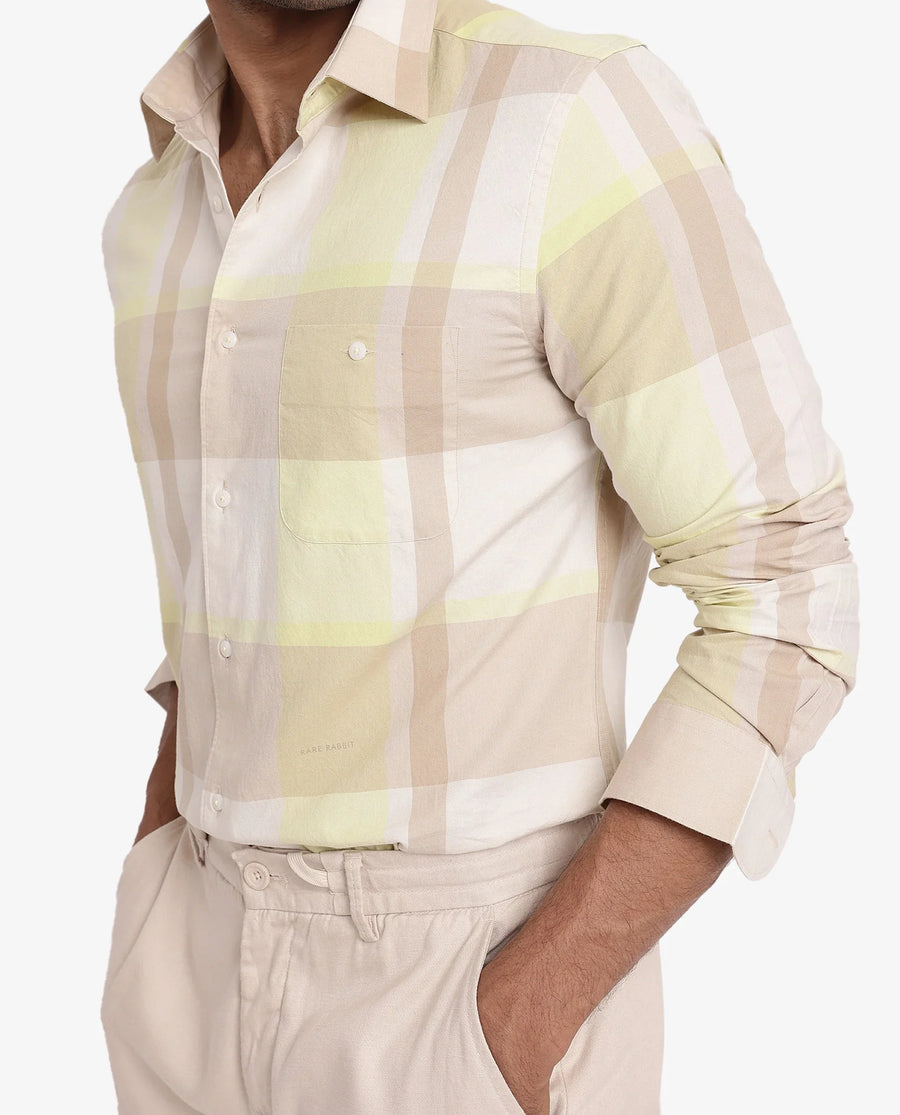Rare Rabbit Men's Daio Light Green Cotton Checked Print Regular Fit Full Sleeve Collared Shirt