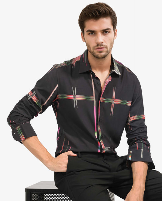 Rare Rabbit Men's Dale Black Viscose Abstract Print Regular Fit Full Sleeve Collared Shirt
