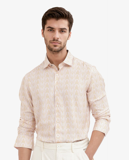 Rare Rabbit Men's Dalime Pastel Pink Viscose Geometric Print Regular Fit Full Sleeve Collared Shirt