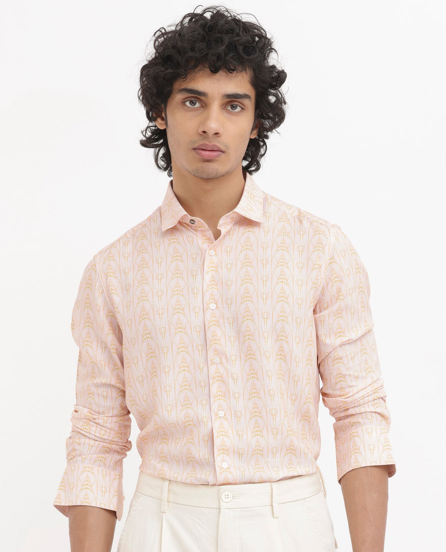 Rare Rabbit Men's Dalime Pastel Pink Viscose Geometric Print Regular Fit Full Sleeve Collared Shirt