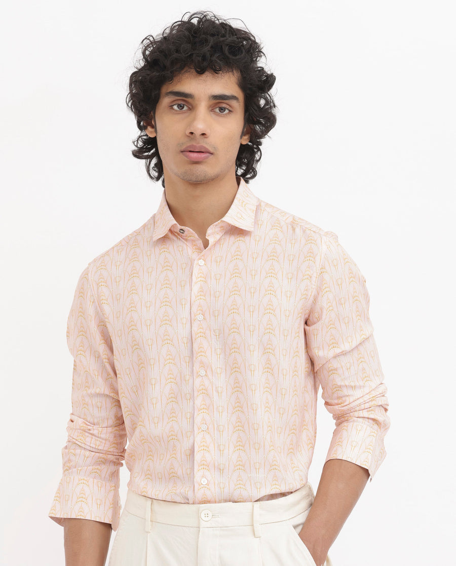 Rare Rabbit Men's Dalime Pastel Pink Viscose Geometric Print Regular Fit Full Sleeve Collared Shirt