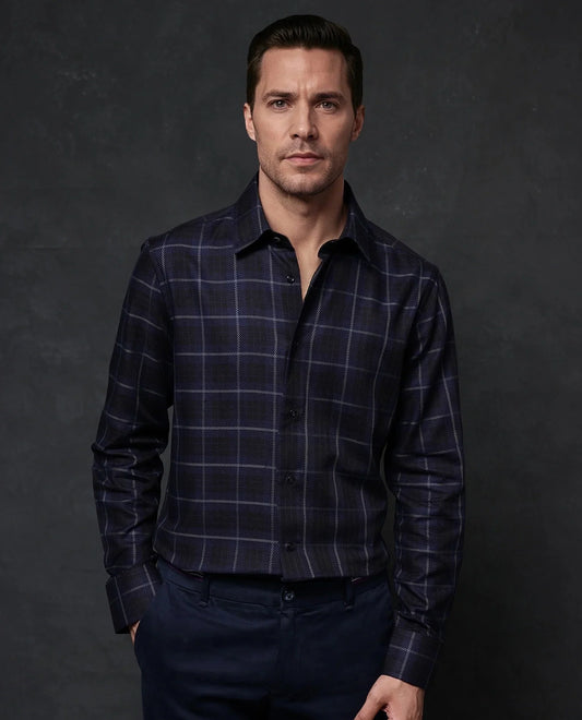 Rare Rabbit Men's Dany Navy Cotton Checked Print Regular Fit Full Sleeve Collared Shirt