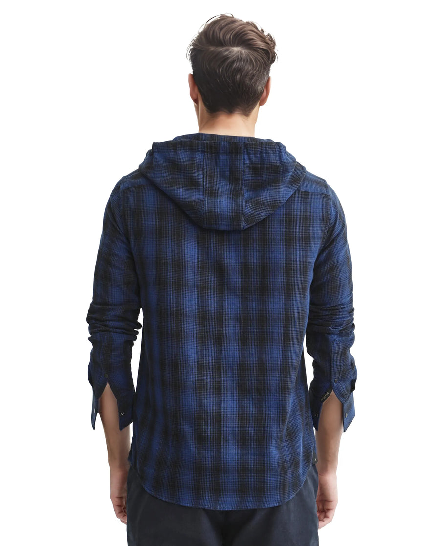 Rare Rabbit Men's Dartmouth Navy Cotton Checked Print Oversized Fit Full Sleeve Hooded Shirt