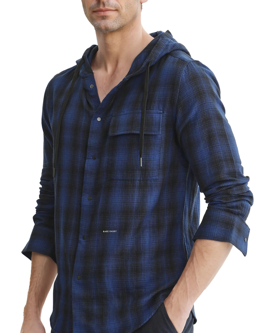 Rare Rabbit Men's Dartmouth Navy Cotton Checked Print Oversized Fit Full Sleeve Hooded Shirt