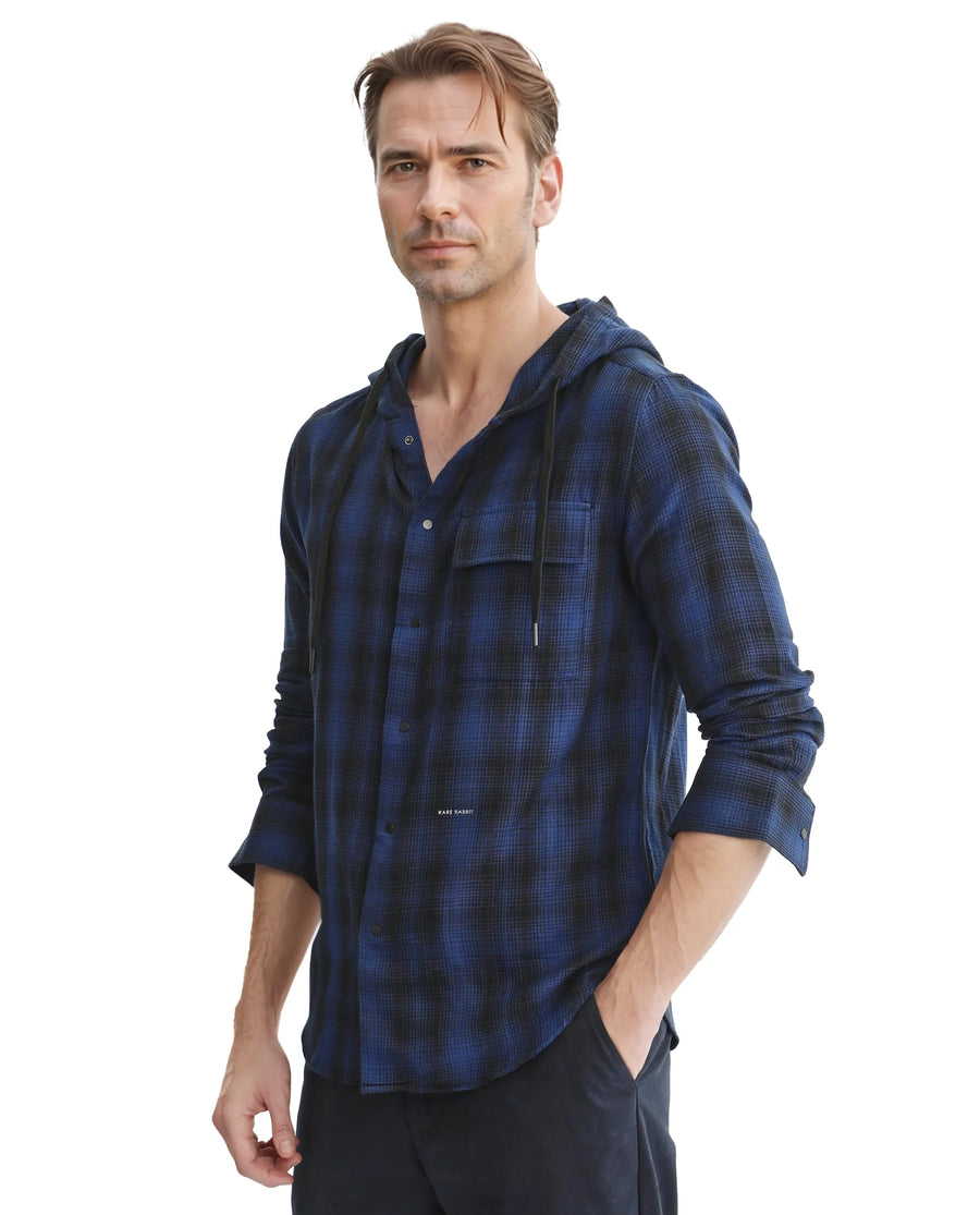 Rare Rabbit Men's Dartmouth Navy Cotton Checked Print Oversized Fit Full Sleeve Hooded Shirt