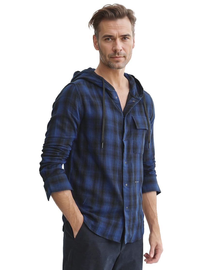 Rare Rabbit Men's Dartmouth Navy Cotton Checked Print Oversized Fit Full Sleeve Hooded Shirt