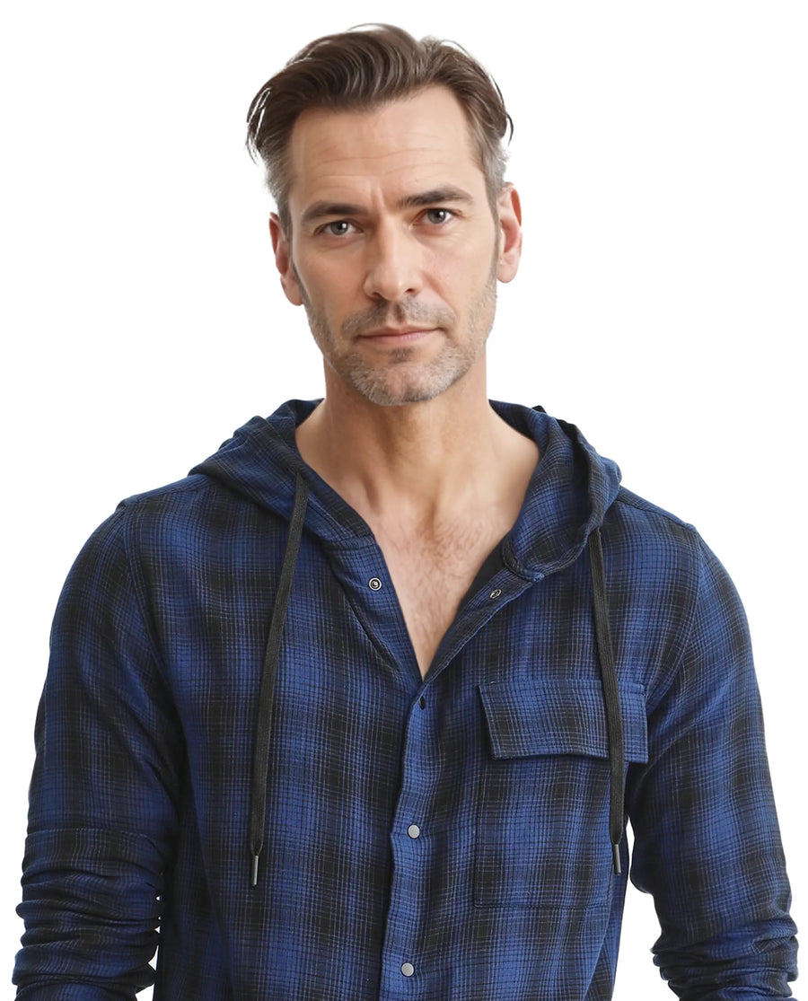 Rare Rabbit Men's Dartmouth Navy Cotton Checked Print Oversized Fit Full Sleeve Hooded Shirt