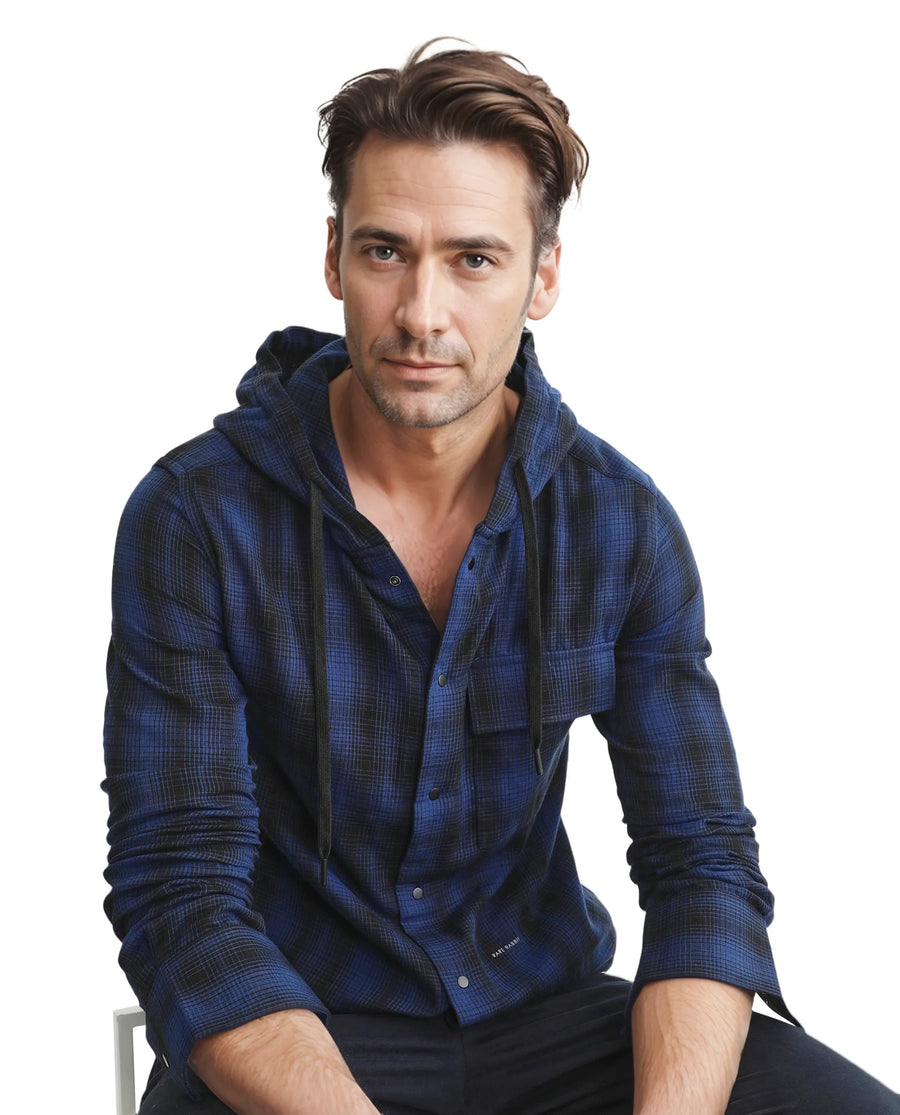Rare Rabbit Men's Dartmouth Navy Cotton Checked Print Oversized Fit Full Sleeve Hooded Shirt