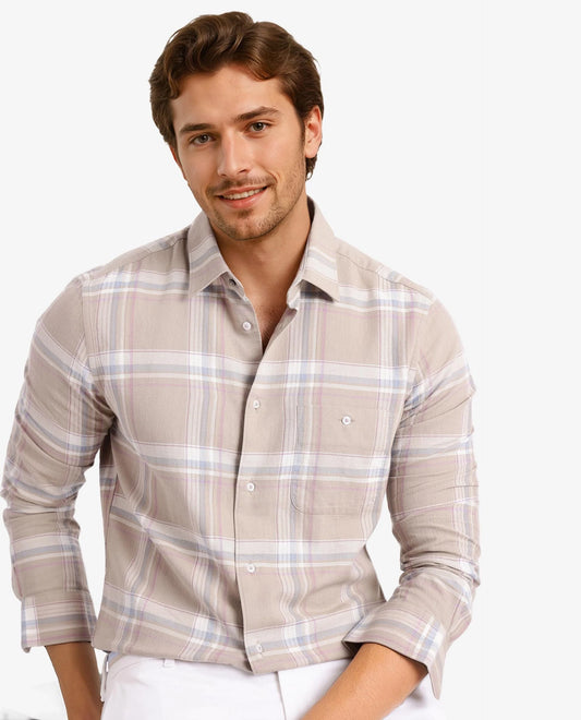 Rare Rabbit Men's Davi Beige Cotton Checked Print Regular Fit Full Sleeve Collared Shirt